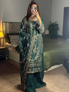 Heavy Embroidered Silk <b>top</b> bottom Set With Dupatta For Women Wedding Party Wear Traditional <b>Indian</b> Pakistani Clothing - Product Image 5