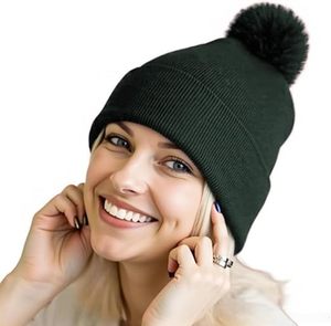 Black Knitted <b>Beanie</b> Hat <b>With</b> <b>Pom</b> <b>Pom</b> Unisex Winter Cap Solid Color Hand Made Warm Casual Headwear Adult Size 56-58CM - Product Image 1