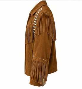 Men's Brown <b>Jacket</b> With <b>Fringe</b> Turn-down Collar Zipper Closure Vintage Style Regular Sleeve - Product Image 3