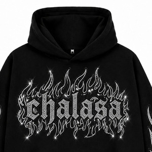 Sudadera con Capucha Negra Extra Grande para Hombre, con Letras Góticas de Llama con Pedrería, Estilo Hip Hop, 100% Algodón - Product Image 6