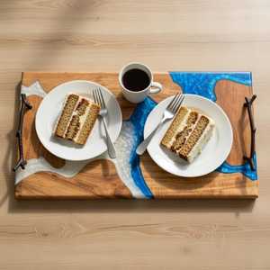 Elegant Handmade <b>Epoxy</b> Resin River Wood Serving Tray with Polished Metal Handles for Charcuterie, Cheese, <b>Coffee</b> & Tea Serving - Product Image 6