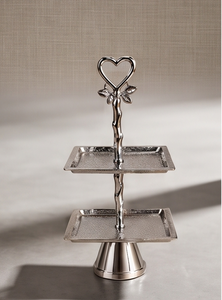 Premium Silver Metal 2 Tier Square Cake Stand with Heart Handle Pedestal Base Hammered Pastry Cupcake Display Tray - Product Image 4