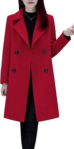 Women's <b>Red</b> <b>Wool</b> Long Trench Coat Double Breasted Notched Collar Full Sleeve Elegant Winter Outerwear Keep Warm Solid Color - Product Image 5