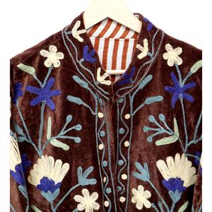 Bohemian Velvet Embroidered Floral <b>Reversible</b> Breathable Jacket Three Quarter Sleeve Button Closure Soft All Seasons Unisex <b>Coat</b> - Product Image 4