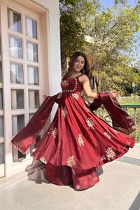NILESH TAILOR FASHION Floor-Length V-Neck Full Sleeve Woven for Satin Heavy Fabric Floral Pattern <b>Elastic</b> Work <b>Dress</b> - Product Image 2