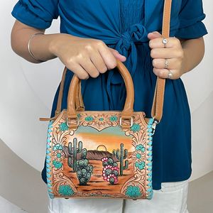 Ensemble de bagages de voyage pour femme, collection assortie 3 pièces, sac de voyage en cuir tooled Western, imprimé cactus coucher de soleil, nouveau - Product Image 4