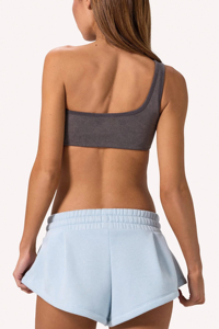 Soutien-gorge de sport asymétrique côtelé à une épaule pour femme, couleur unie, maintien moyen, sans coutures, gris - Product Image 6