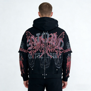 Sweat-shirt à capuche zippé noir surdimensionné pour homme avec imprimé gothique rose, design streetwear, coupe classique, en coton tricoté, pour l'automne - Product Image 3