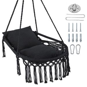"Boho Macrame <b>Swing</b> Chair with 2 Padded Cushions 330LBS Capacity Indoor/Outdoor <b>Single</b> Size PE Material" - Product Image 1