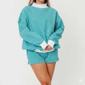Women Turquoise <b>White</b> Striped Knitted <b>2</b> <b>Piece</b> Shorts <b>Set</b> Turtleneck Long Sleeve Loose Fit Casual Spring Summer Outfit - Product Image 1
