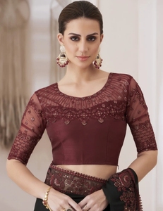 Sari de satén de seda adornado, sin arrugas, reversible, estilo Bollywood, para fiestas. - Product Image 4