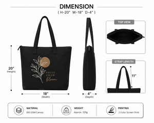 AMANI 300gsm Black <b>Canvas</b> <b>Tote</b> Bag Leaf Graphic 20x18 Inches Large Capacity Zipper Reusable Shopping Bag Heavy Duty Custom logo - Product Image 4
