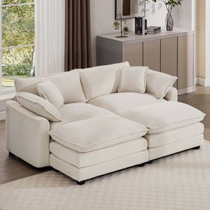 Divano a Due Posti in Velluto a Coste Beige Chiaro con Pouf, Divano Letto per Piccoli Spazi Abitativi, Include 2 Poggiapiedi - Product Image 1