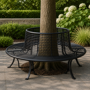 Banco circular de metal negro para árbol con asiento de listones, anillo protector de árbol, asiento de jardín, banco de parque exterior, banco redondo para árbol, banco de jardín de metal - Product Image 2