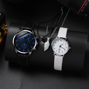 Casual Fashion Quartz Couple <b>Watch</b> Analog Leather Wrist <b>Watch</b> & Matching Heart Necklaces, 192033 - Product Image 4