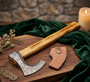 Hache à manche plat de style Viking, fabriquée à la main, tête en acier à haute teneur en carbone, manche en bois, étui en cuir pour la survie, usage médiéval - Product Image 4