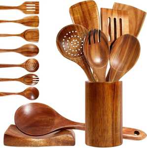 Collection contemporaine de 7 ustensiles de cuisine en bambou – Spatule professionnelle en bois et ensemble de service pour pâtes - Product Image 2