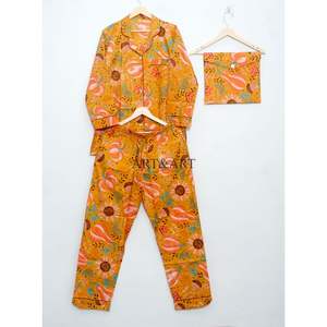 Conjunto de pijamas para mujer con estampado de frutas, elegante y hermoso, hecho a mano, 100% algodón, cintura elástica, floral, manga larga, largo completo - Product Image 4