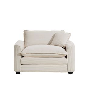 Poltrona singola in velluto a coste beige chiaro, comoda con seduta profonda e un cuscino, per soggiorno e camera da letto - Product Image 5