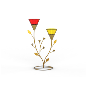Modern Brass <b>Candle</b> Stand with <b>Red</b> and Yellow Glass Flowers for Home Decoration - Product Image 1