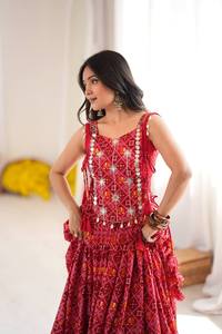 Blusa LEHEGA Roja Larga Hasta el Suelo con Estampado Geométrico para Mujer, Ropa Tradicional India, Estilo Boda, Vestido Holgado de Poliéster - Product Image 3