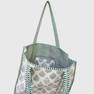 Sac fourre-tout en coton imprimé feuilles avec bordure rayée verte, ouverture supérieure, sac de shopping pour femme, utilisation toutes saisons - Product Image 5