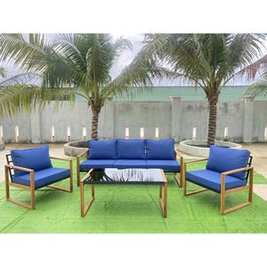 Juego de muebles de patio de aluminio de 5 piezas modernas con mesa de centro de vidrio templado y cojines azules Estilo moderno elegante para exteriores - Product Image 6