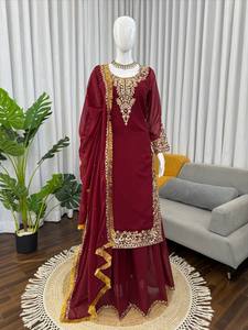 Ensemble Salwar Kameez en Faux Georgette Brodé Bourgogne avec Dupatta, Tenue de Fête et de Mariage pour Femmes, Inde, Pakistan - Product Image 4