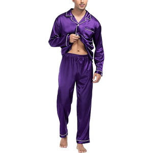 Pijamas de satén de seda para hombre, ropa de dormir clásica de manga larga, color morado liso, con bolsillos, ropa de otoño - Product Image 3