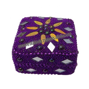 Sequins <b>Mirror</b> and Stone Pattern Square Kumkum Vermillion <b>Box</b> With Lid Made of Iron for Women - Product Image 3