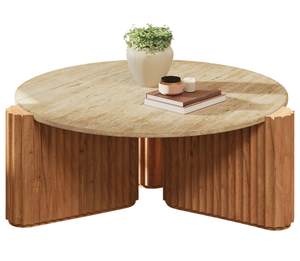 ฐานไม้สักอะคาเซียทรงกลมพร้อมท็อปหินอ่อนทรงกลม โต๊ะกาแฟโซฟาห้องนั่งเล่นสไตล์โมเดิร์นหรูหรา - Product Image 4