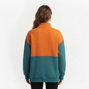 Women's Color <b>Block</b> Quarter Zip Fleece Sweatshirts Custom Logo Kangaroo Pocket Stand Collar Streetwear Private Label Hoodies OEM - Product Image 2
