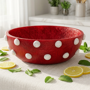 Faiza Craft - Ensaladera de Resina Roja Pulida Hecha a Mano con Incrustaciones Blancas Talladas, Moderna, de Lujo, Decorativa para Fiestas, Ligera, de Grado Alimenticio - Product Image 2
