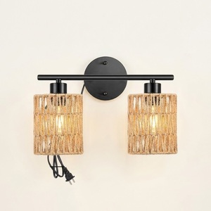 Modern Handwoven Rattan Wall Lamp For Living Room Bedroom Decor Boho Style Natural Wicker Wall <b>Sconce</b> With Black Metal Base - Product Image 5