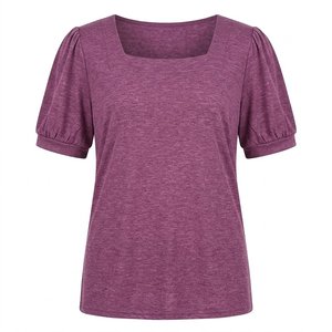 T-shirt décontracté pour femme, couleur unie, en polyester, col rond, manches courtes froncées papillon, anti-boulochage, tricoté – Meilleure vente - Product Image 5