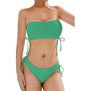 Women <b>Green</b> <b>Bikini</b> <b>Set</b> Ribbed Two Piece Swimwear Tie Side Drawstring Solid Color Stretch Swim Suit Front Logo Seamless - Product Image 1