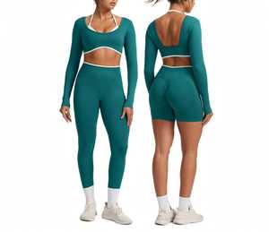 Ensemble de yoga sans couture 2 pièces pour femme : haut court à manches longues et col rond, leggings taille haute - Product Image 1