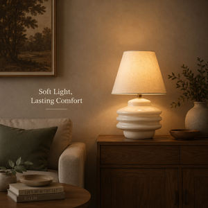 Lampe de table moderne en céramique blanche avec abat-jour en tissu, lumière d'ambiance chaude pour chambre à coucher - Product Image 2