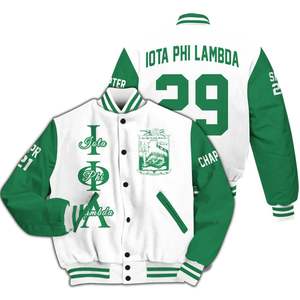 Veste universitaire personnalisée pour femmes Iota Phi Lambda, blanche et vert émeraude, avec lettres, écusson, numéro de sororité et année, style bomber - Product Image 3