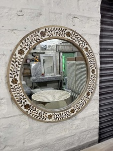 Eco-Friendly Style Bone Inlay <b>Round</b> Wall Hanging <b>Mirror</b> with Glass Home Office Decorative Floral Inlay Frame For <b>Bathroom</b> - Product Image 5