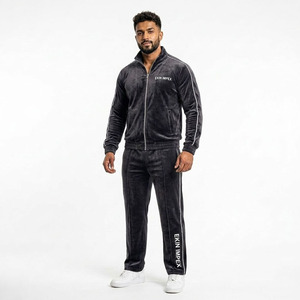 Custom Logo Men Eco-Friendly Lightweight Velvet Tracksuit 2 Piece Set <b>Zip</b> <b>up</b> <b>Jacket</b> and Pants Casual Sportswear - Product Image 1