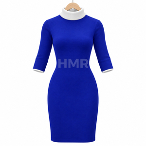 HMR Sorority Sisterhood Blue Knitted Turtleneck Bodycon Dress <b>Three</b> Quarter Sleeve Contrast Cuffs Knee-Length - Product Image 1