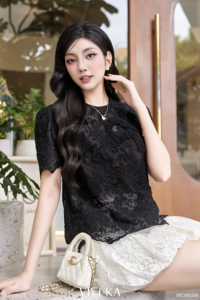 <b>Women's</b> Black Floral Lace Short Sleeve Blouse with <b>Mesh</b> Lining Scalloped Hem Elegant Lace <b>Top</b> Casual Style ASTORIE - Product Image 5