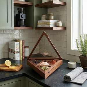 Organisateur d'épices en bois au design unique avec couvercle transparent pour le rangement des masala, idéal pour la cuisine, comme cadeau ou pour la présentation, en vente - Product Image 4