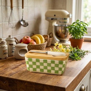 Green <b>Check</b> Design Ceramic Butter Dish With Wooden Lid For Daily Use Kitchen <b>Table</b> Elegant Butter Storage From India - Product Image 6