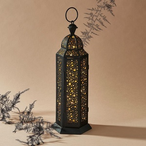 Tall <b>Black</b> Moroccan <b>Lantern</b> with Star Cutwork Metal Candle Holder for Elegant Home Wedding and Ramadan Decor - Product Image 1