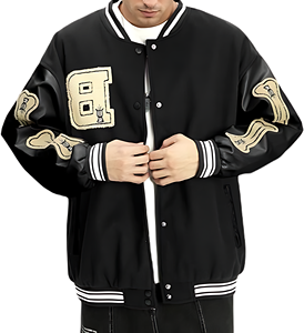 Veste universitaire classique OEM à col carré en tissu toile mélangée de laine, boutons-pression sur le devant, en cuir de vachette brodé motif mouton - Product Image 1