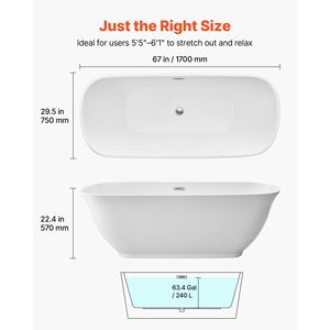 Vasca da Bagno Freestanding Contemporanea in Acrilico da 67 Pollici, Elegante Forma Ovale, Bianca con Scarico Cromato Lucido - Product Image 2