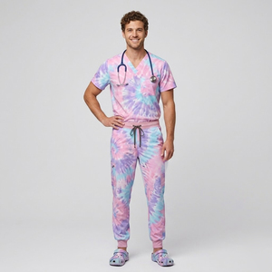 ชุดยูนิฟอร์มพยาบาลแบบ Tie Dye เสื้อคอวีแขนสั้นสำหรับผู้ชาย - กางเกงพยาบาลเอวสูงทรงเข้ารูป \ ชุดยูนิฟอร์มพยาบาลแบบ Sublimation - Product Image 1
