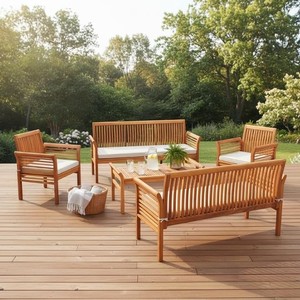 Ensemble de canapés de jardin en teck avec table basse, 6 places, résistant aux intempéries, mobilier de patio contemporain - Product Image 2